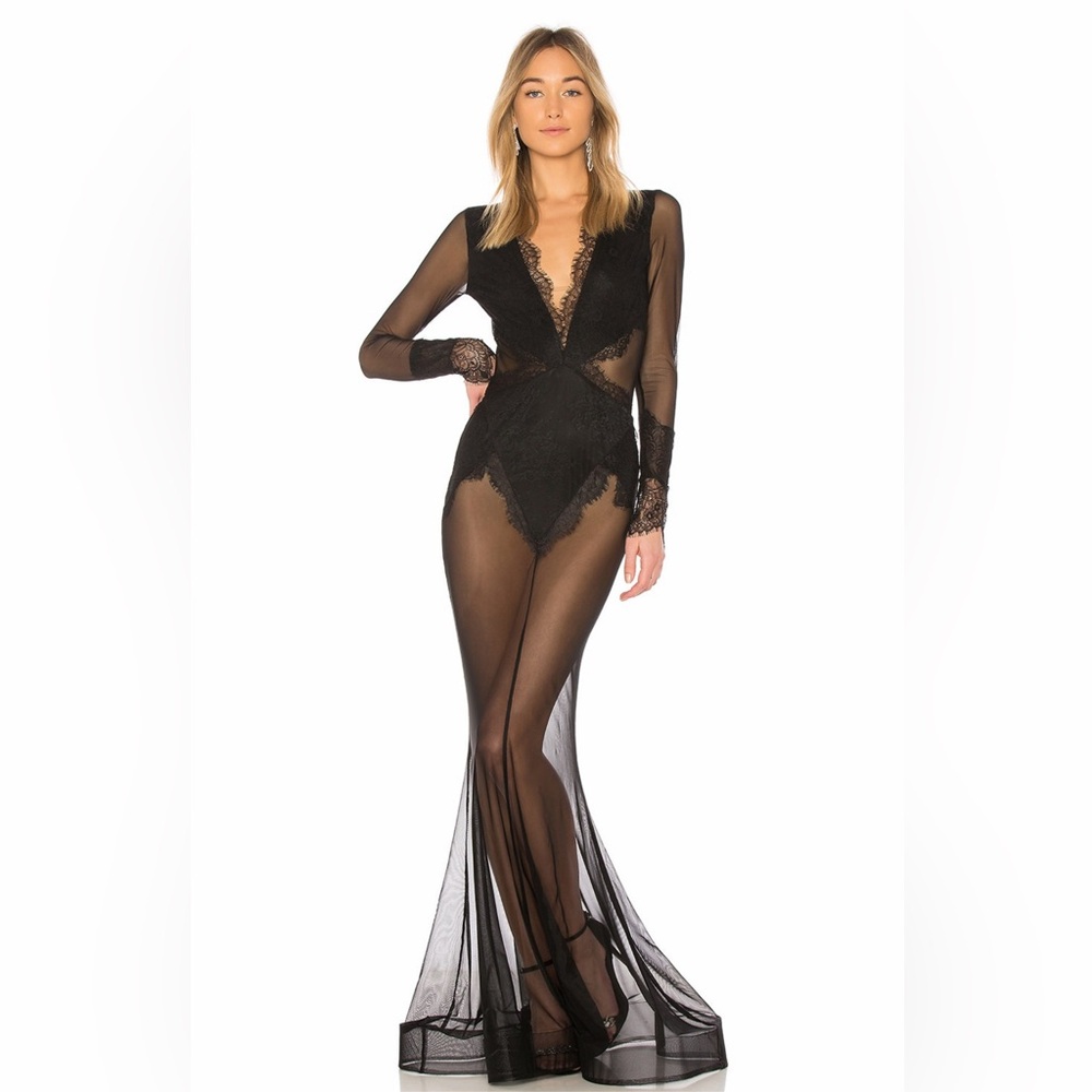 Michael Costello Revolve Martin Black Mesh Lace Long Sleeve V-Neck Gown XXS NWT